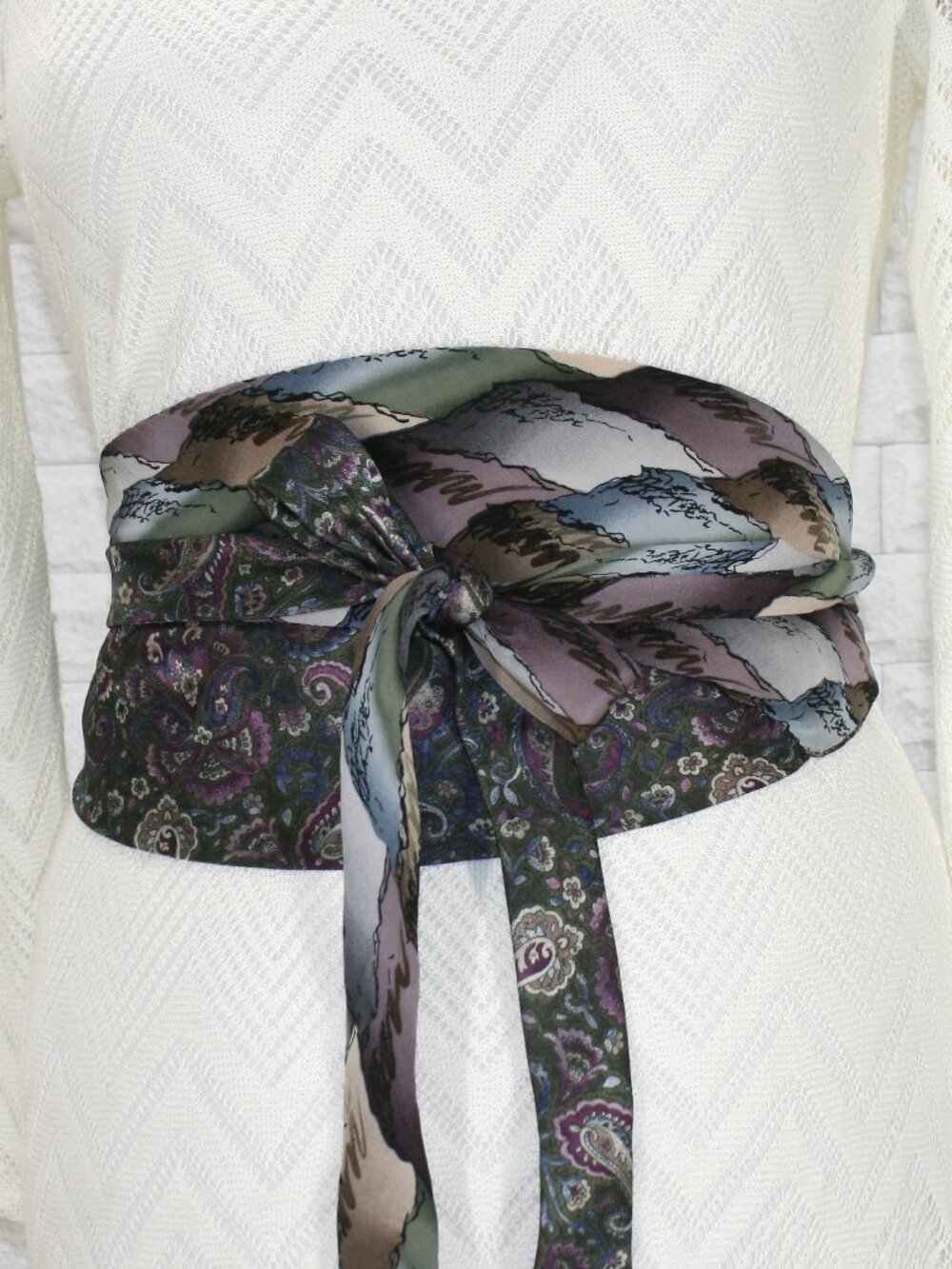 HAND CRAFTED Belt Necktie Upcycled Cummerbund Wrap Silk Wide Obi Waist Sash